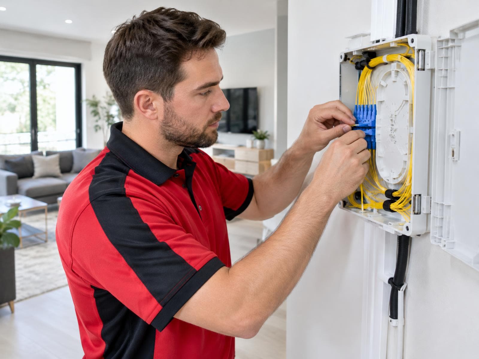 Técnico de Wecom instalando equipos de fibra óptica